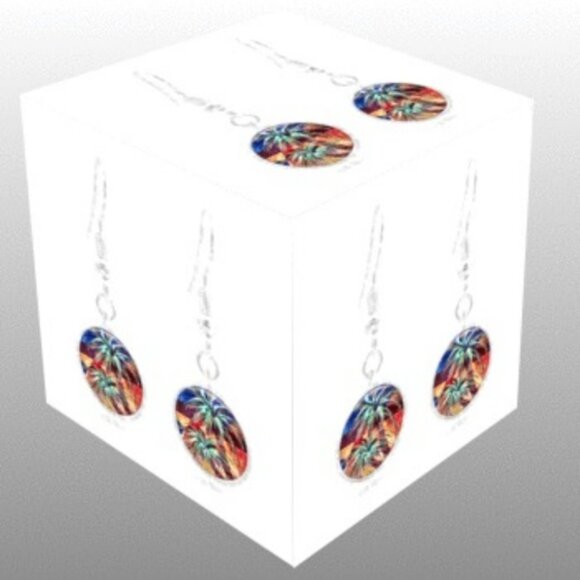 Palm Trees Cabochon Earrings in Silver Tone . Glas - Picture 3 of 4